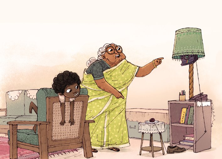 Grandmother pointing at a lamp