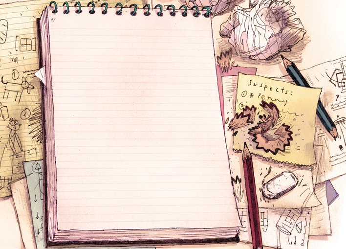 Spiral notebook, pencil