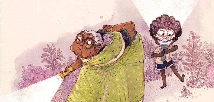Grandmother and boy using torches
