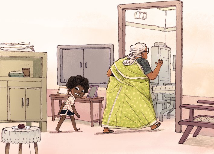 Boy following his grandmother