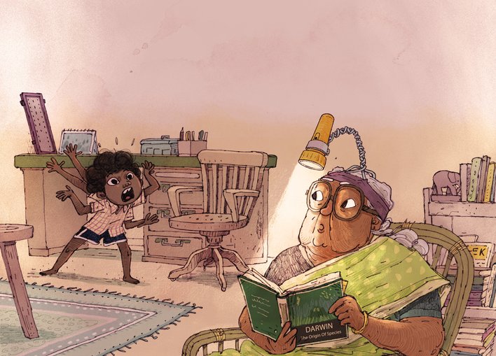 Woman reading a book, boy complaining