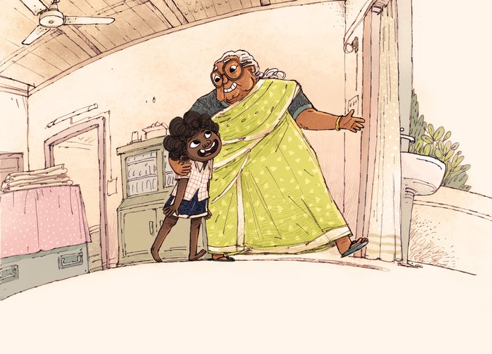 Grandmother and boy hugging