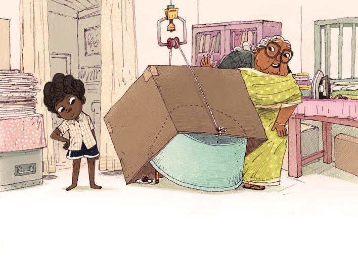 Boy and grandmother with a bucket and box