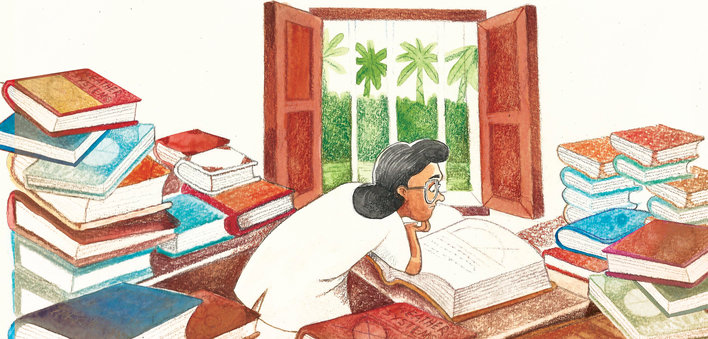Woman reading with multiple books around