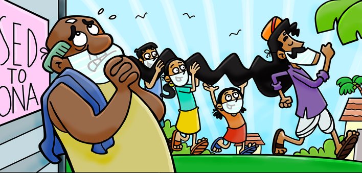 A man walks with children behind him holding his hair