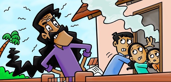 A man frowns angrily while children run away looking scared