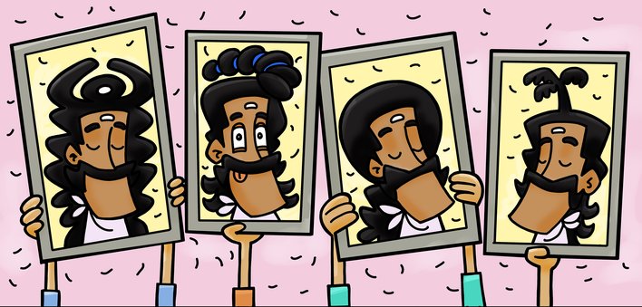 Hands hold up frames with different hairstyles