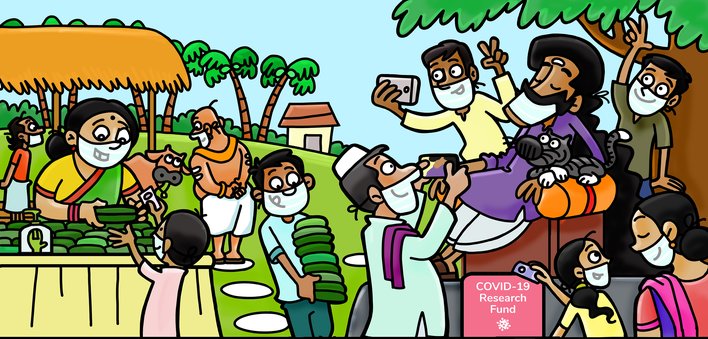 People gather around a man and take photos