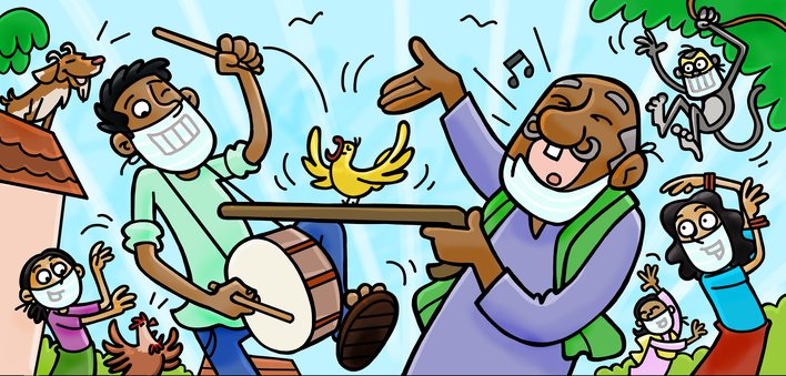 People on the street start playing music, dancing and singing
