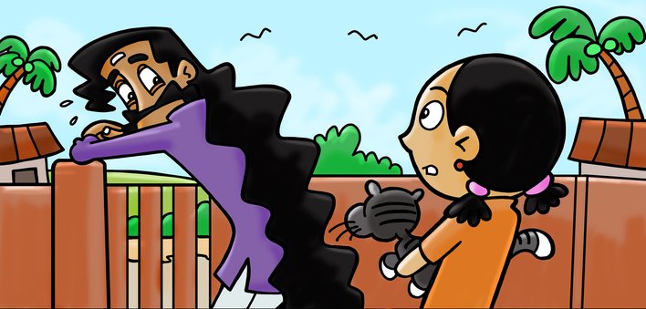 A man looks at a girl holding a cat