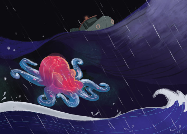 OctoBot swimming near a ship