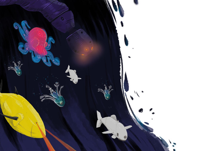 Cascading waterfall with fish bots
