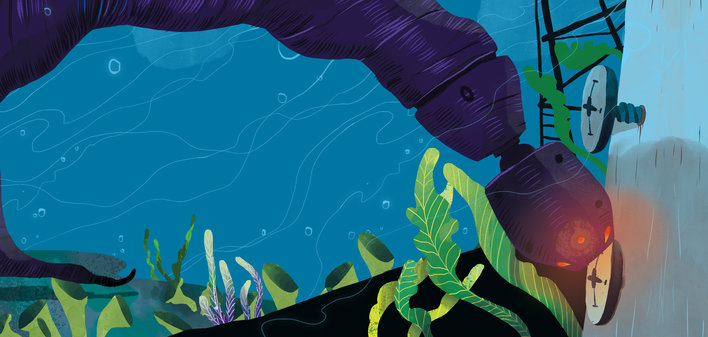 Robot eel swims in water and looms over marine life