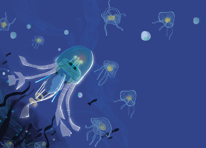 Jellyfish Robot swimming with other jellyfish