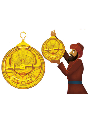 Man holding aloft a round golden instrument