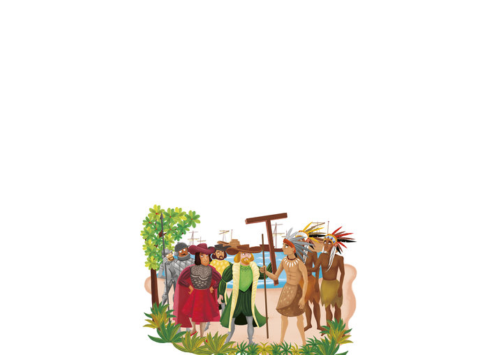 Native Americans meeting courtiers besides a sea