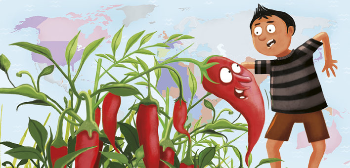 A surprised boy talking to a red chilli plant