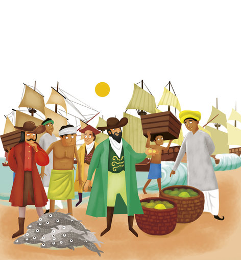 A royal courtier at a port talking to traders