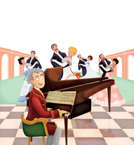 Man playing the piano in a ball room full of dancers