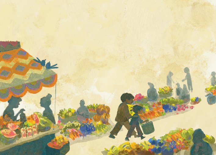 A man and a child in a vegetable market