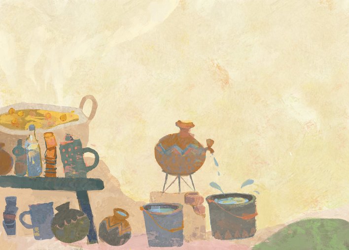 a group of pots and containers