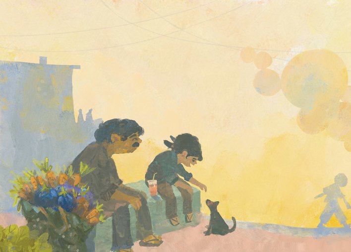 A man and a child with a dog