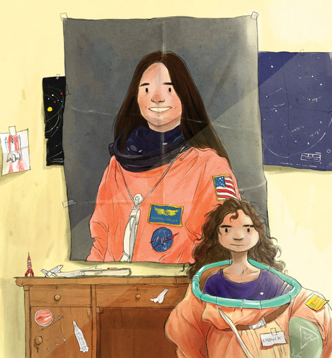 A girl in a spacesuit with a poster of Kalpana Chawla in her room