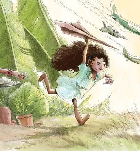 A girl flying a paper plane