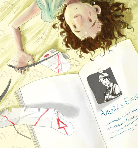 A girl with a book about Amelia Earhart