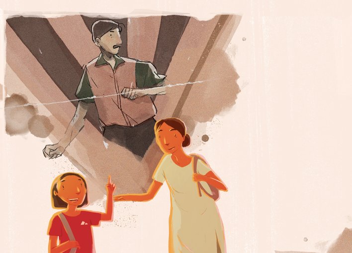 A girl talking to her mother with a picture of a man behind