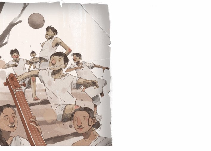 A retro style image of people playing football and making music
