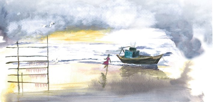 A girl running towards a boat