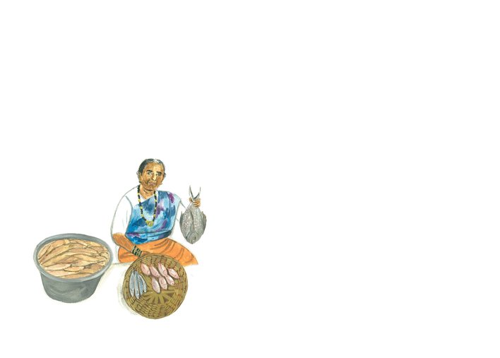 A woman holding up fish