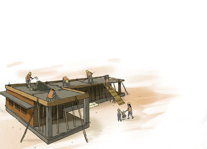 the children seeing the school under construction