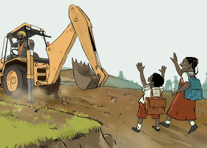 the children waving to man driving bulldozer