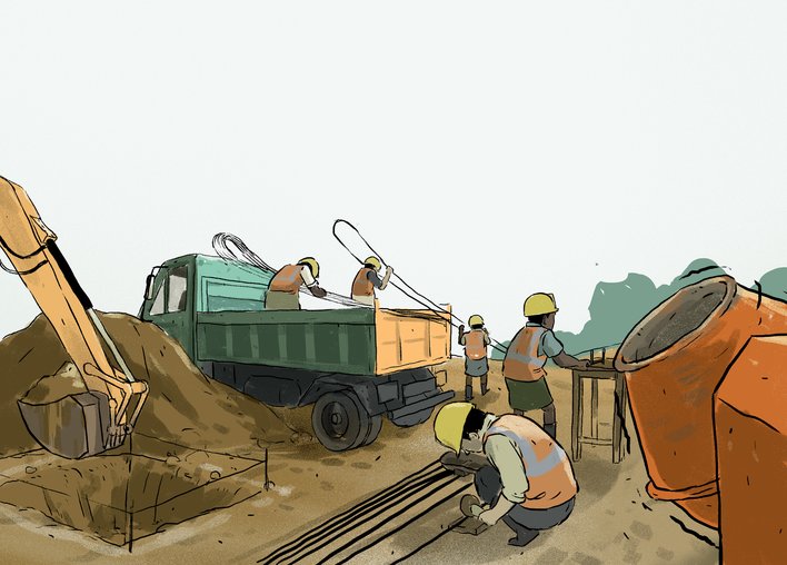 the workers working with the cement mixer