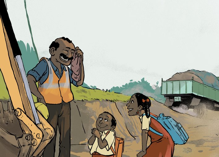 the children talking to man driving the bulldozer