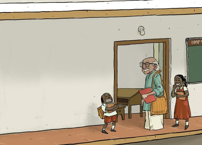 the children laughing with their teacher