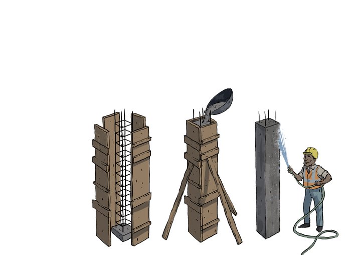 the worker watering the concrete pillar
