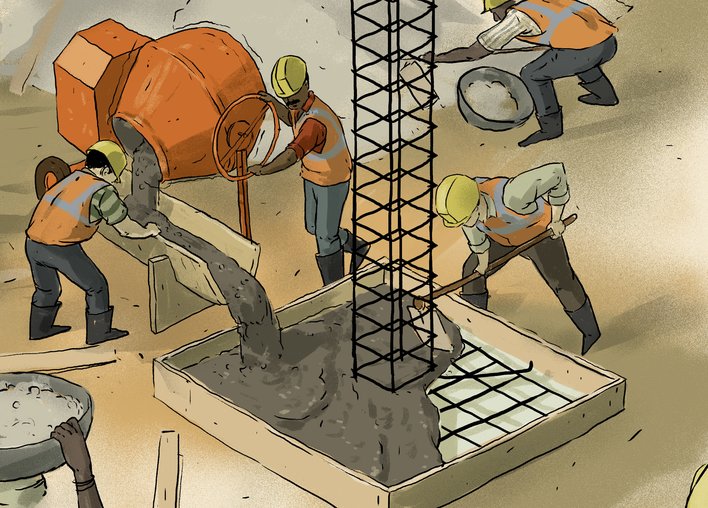 the workers pouring out cement from the cement mixer