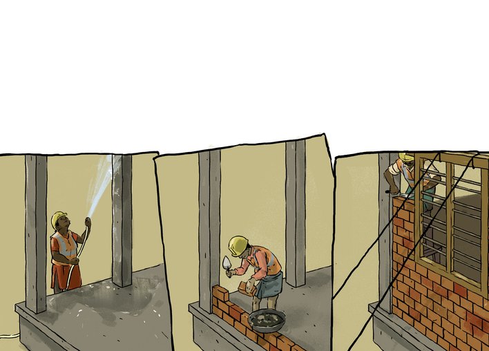 the workers building the wall