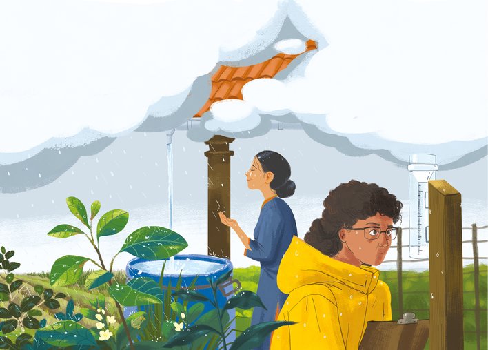 Scientist measuring rain using a rain gauge