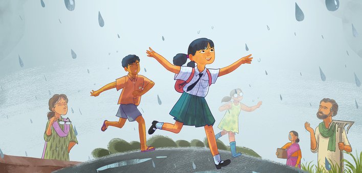 Children and adults rejoicing in the rain