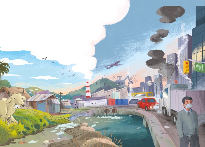 A crowded and polluted city scape