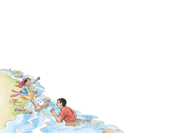 A girl crossing a river towards a boy standing in the river