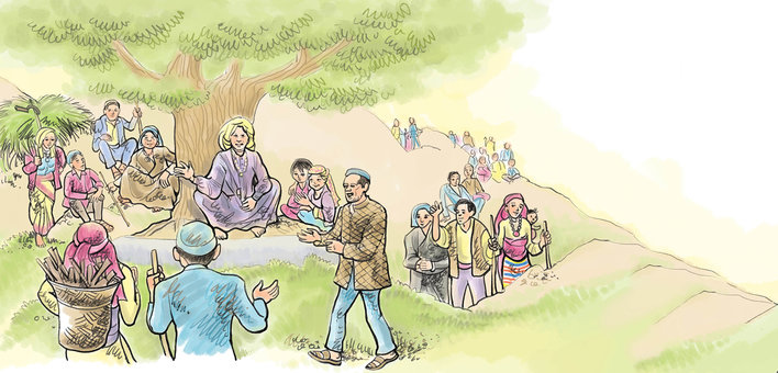 People heading towards a village meeting