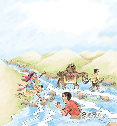 A girl crossing a river in a village situated in the hills