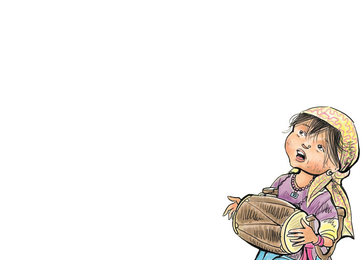 Girl playing a song on her drum and singing