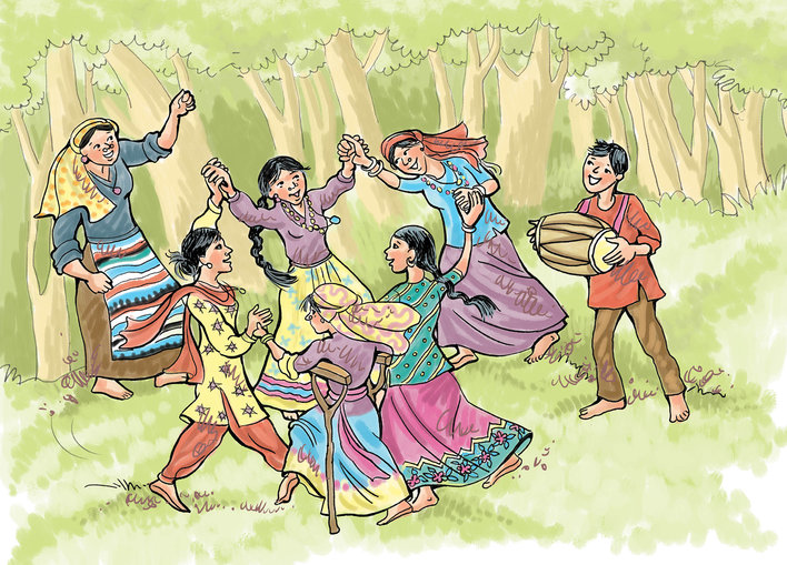 Rural women dancing in a forest with joy