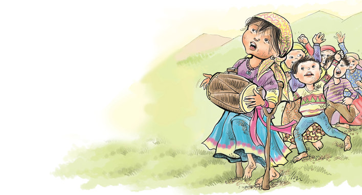 Girl on crutches playing and singing a song with her dholak, with other children dancing behind her